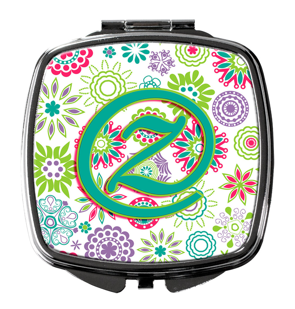 Letter Z Flowers Pink Teal Green Initial Compact Mirror Decorative Travel Makeup Mirror for Women Girls Gifts Pocket Makeup Mirror Folding Handheld