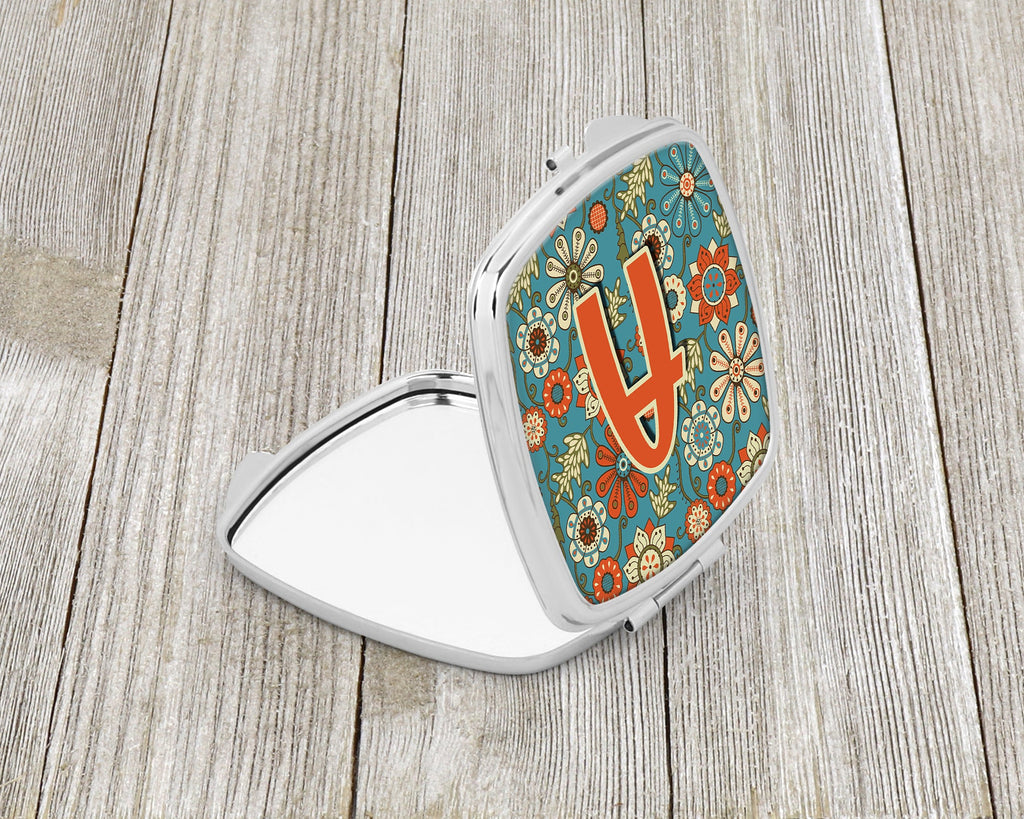Letter A Flowers Retro Blue Compact Mirror Decorative Travel Makeup Mirror for Women Girls Gifts Pocket Makeup Mirror Folding Handheld