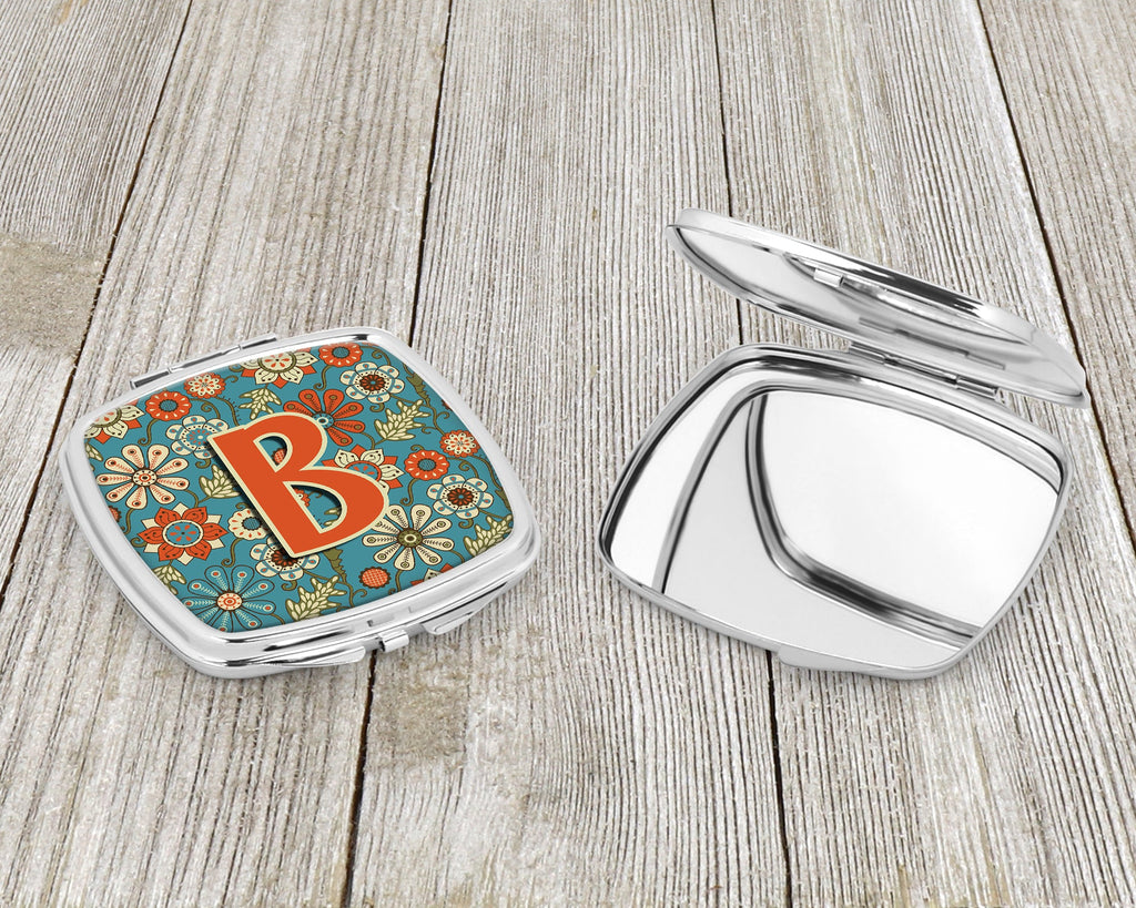 Letter B Flowers Retro Blue Compact Mirror Decorative Travel Makeup Mirror for Women Girls Gifts Pocket Makeup Mirror Folding Handheld