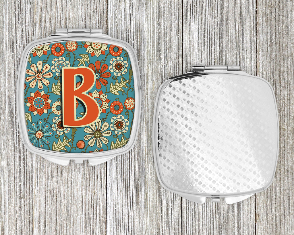 Letter B Flowers Retro Blue Compact Mirror Decorative Travel Makeup Mirror for Women Girls Gifts Pocket Makeup Mirror Folding Handheld