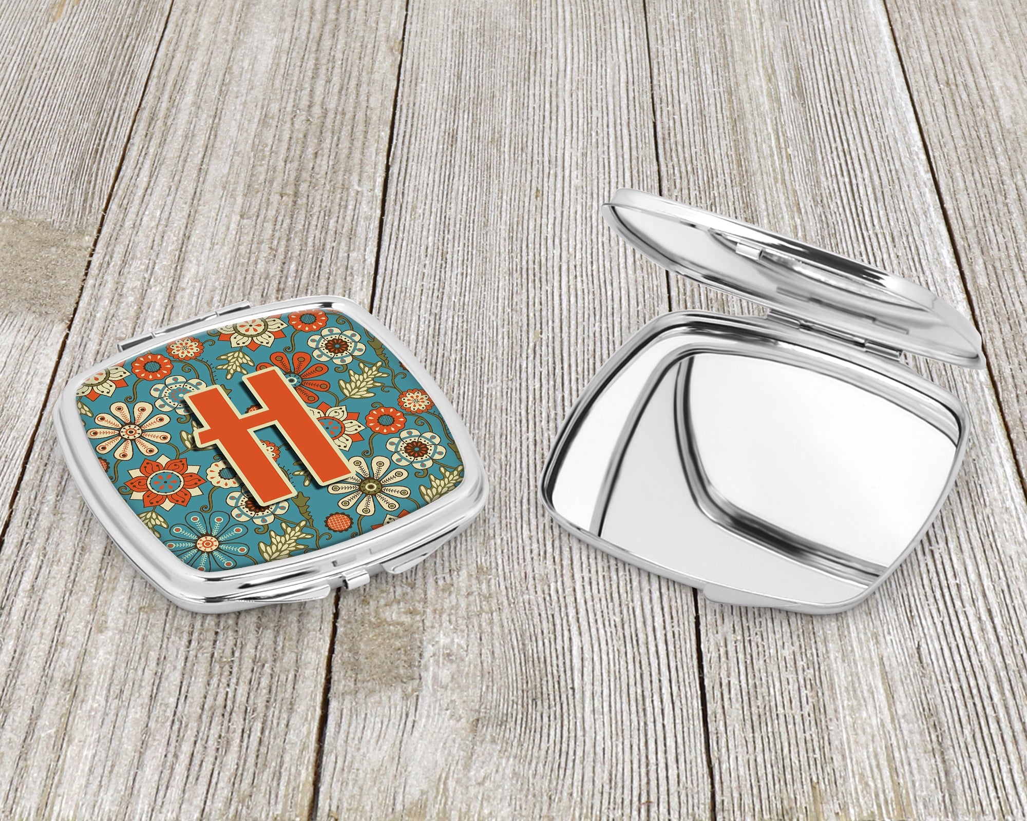 Letter H Flowers Retro Blue Compact Mirror Decorative Travel Makeup Mirror for Women Girls Gifts Pocket Makeup Mirror Folding Handheld