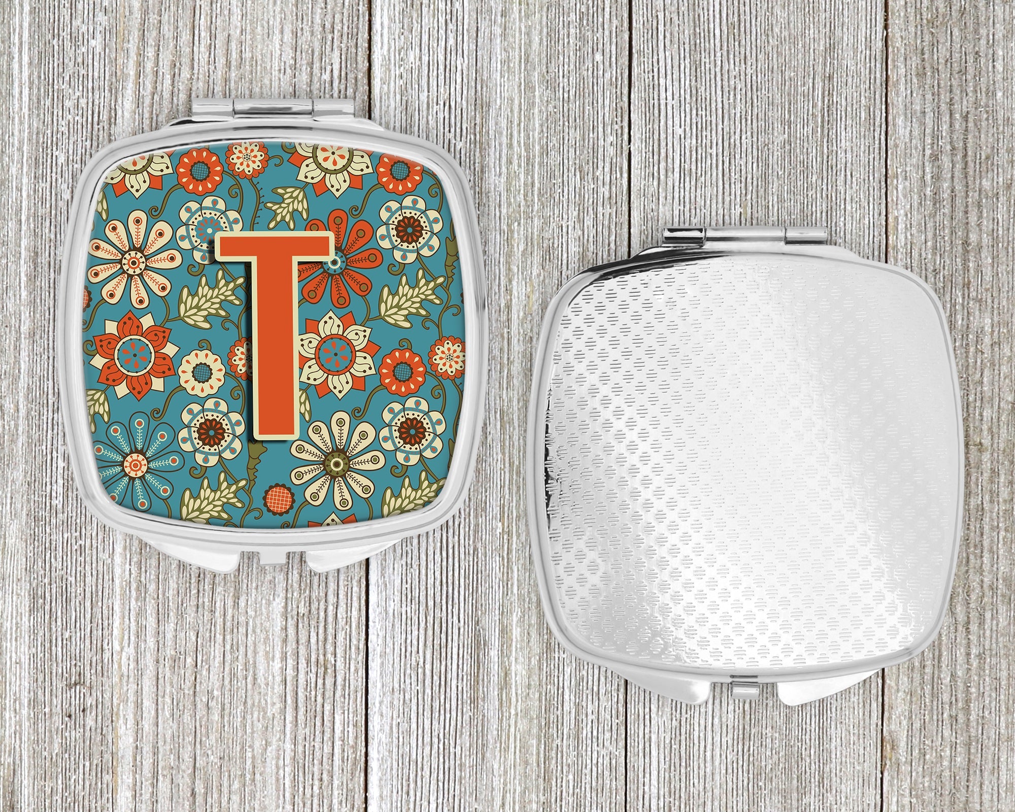 Letter T Flowers Retro Blue Compact Mirror Decorative Travel Makeup Mirror for Women Girls Gifts Pocket Makeup Mirror Folding Handheld