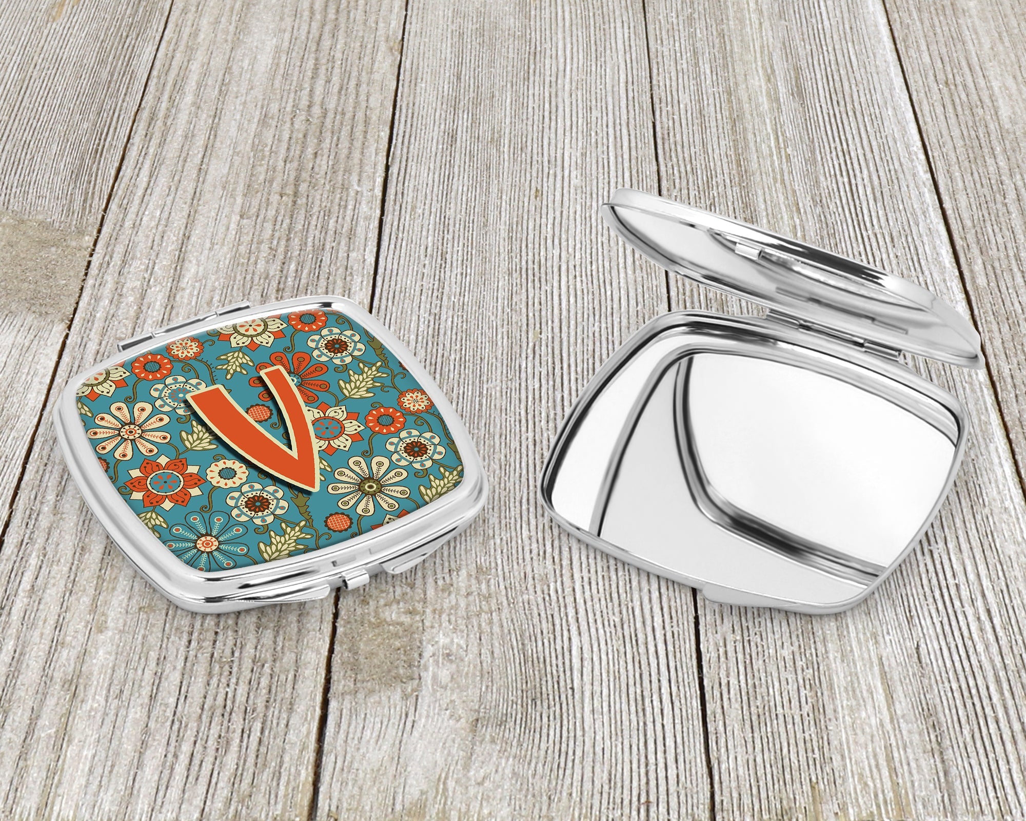 Letter V Flowers Retro Blue Compact Mirror Decorative Travel Makeup Mirror for Women Girls Gifts Pocket Makeup Mirror Folding Handheld