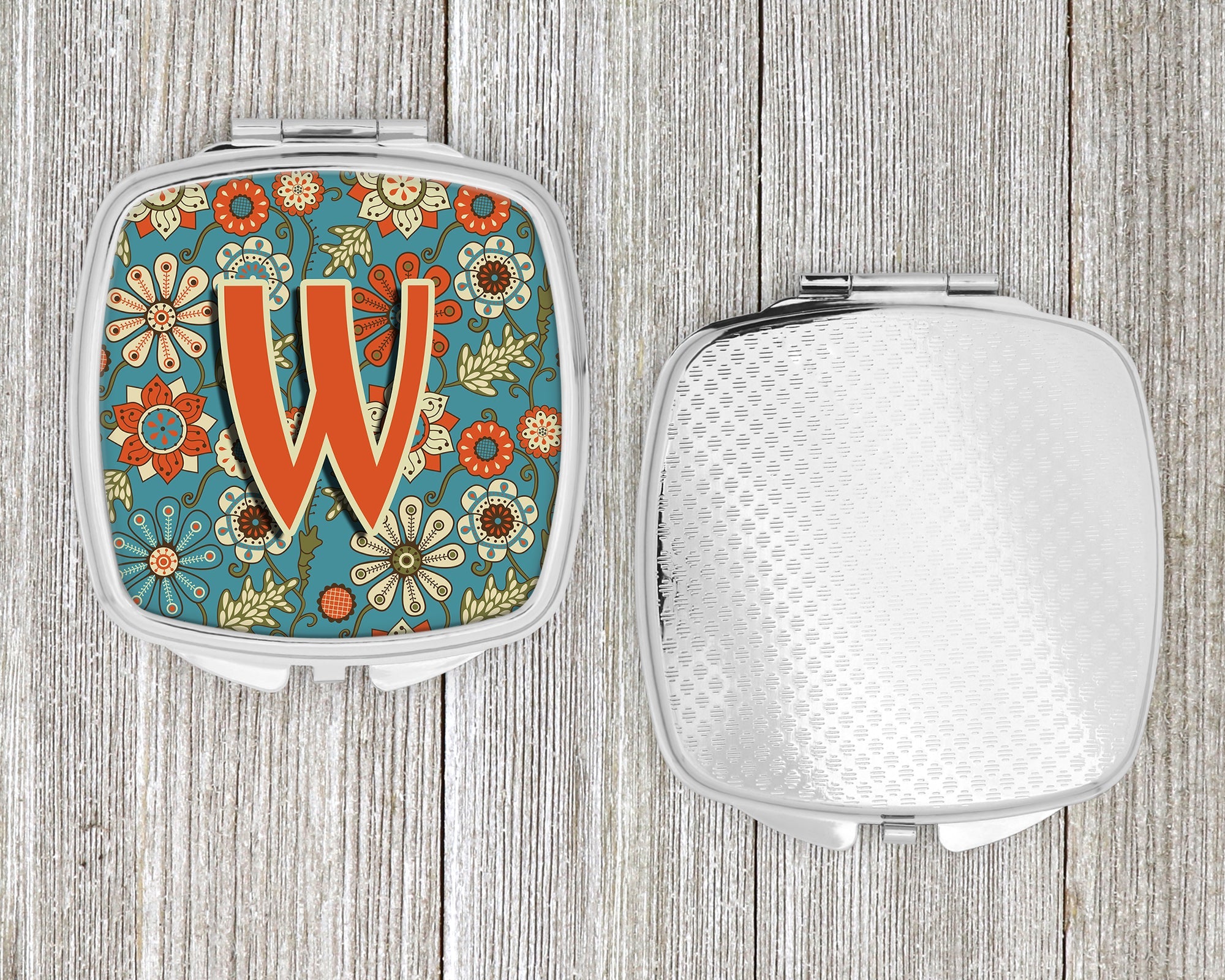 Letter W Flowers Retro Blue Compact Mirror Decorative Travel Makeup Mirror for Women Girls Gifts Pocket Makeup Mirror Folding Handheld