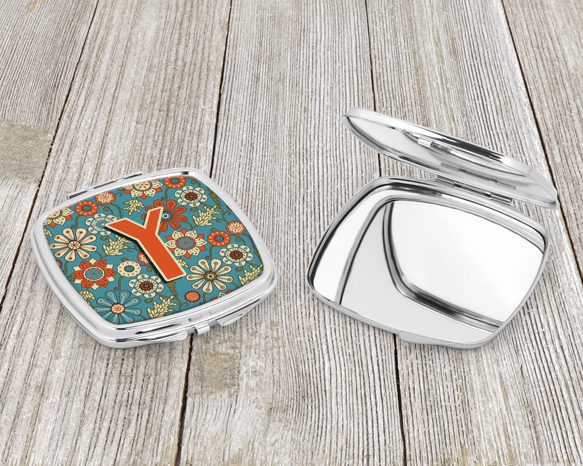 Letter Y Flowers Retro Blue Compact Mirror Decorative Travel Makeup Mirror for Women Girls Gifts Pocket Makeup Mirror Folding Handheld