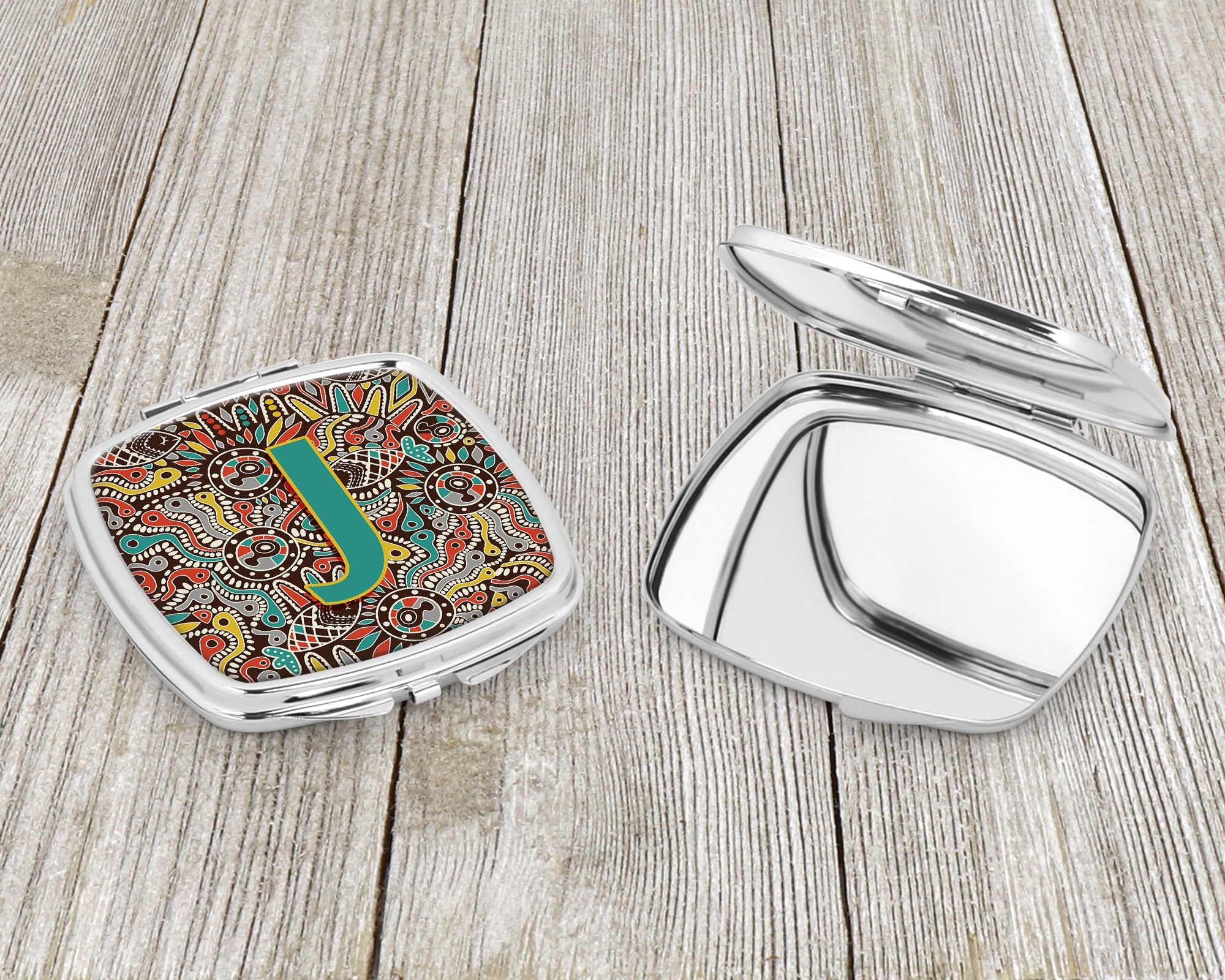 Letter J Retro Tribal Alphabet Initial Compact Mirror Decorative Travel Makeup Mirror for Women Girls Gifts Pocket Makeup Mirror Folding Handheld