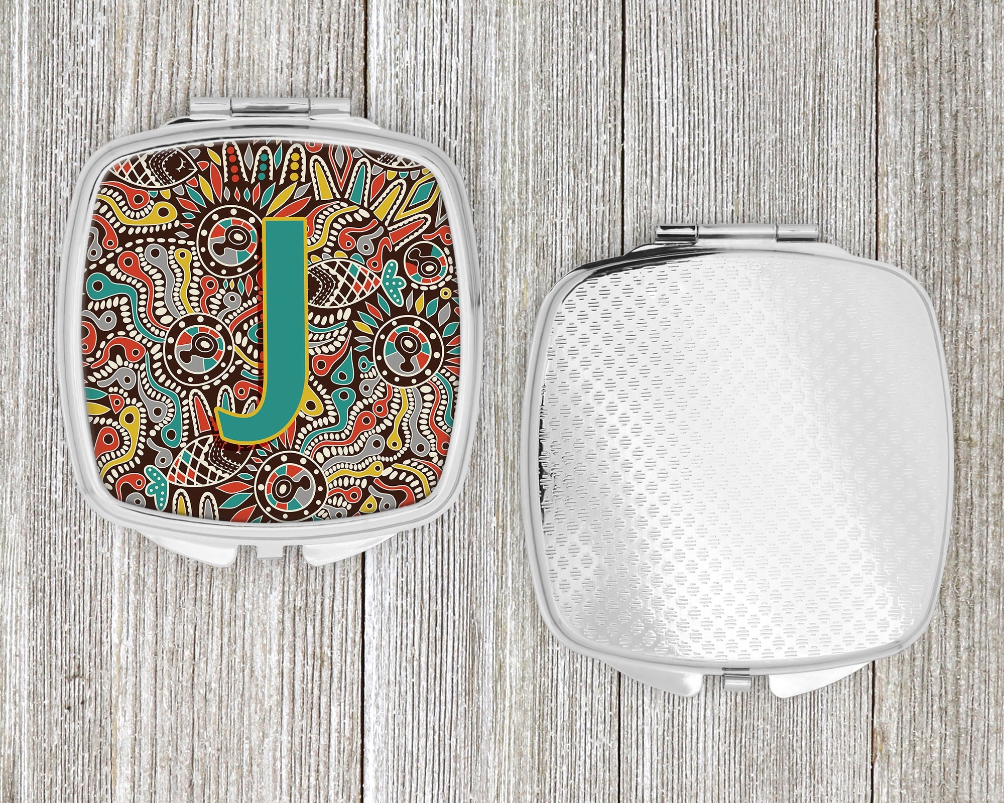 Letter J Retro Tribal Alphabet Initial Compact Mirror Decorative Travel Makeup Mirror for Women Girls Gifts Pocket Makeup Mirror Folding Handheld