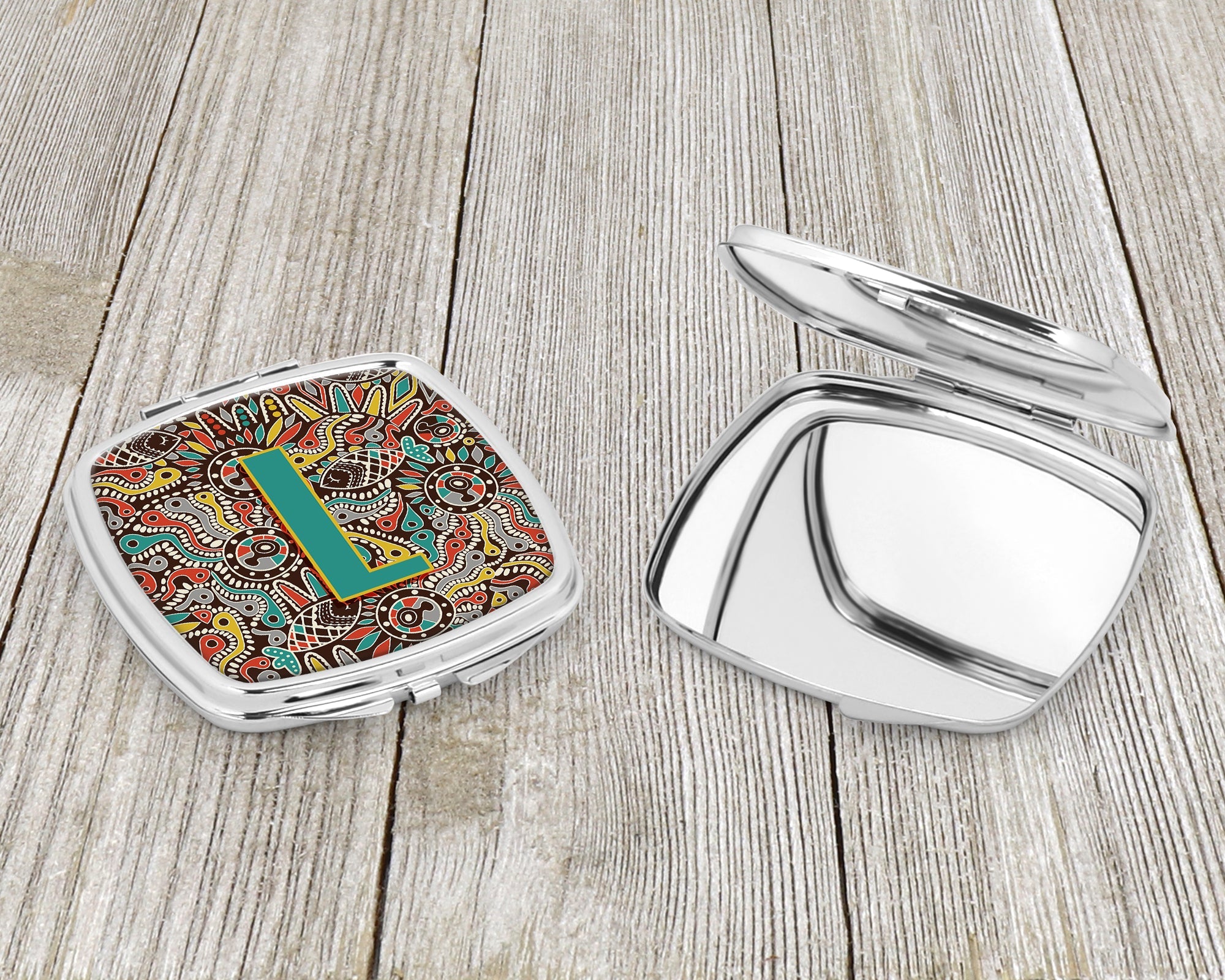 Letter L Retro Tribal Alphabet Initial Compact Mirror Decorative Travel Makeup Mirror for Women Girls Gifts Pocket Makeup Mirror Folding Handheld