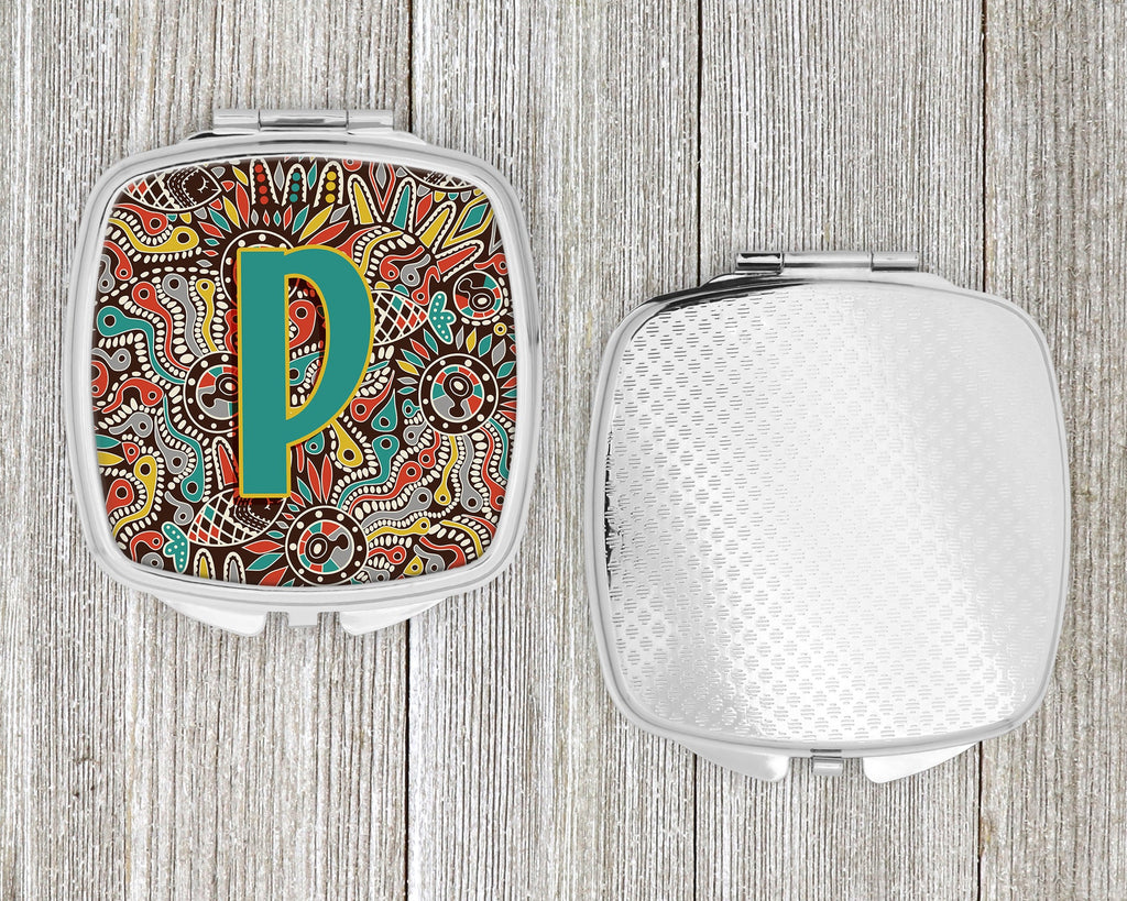 Letter P Retro Tribal Alphabet Initial Compact Mirror Decorative Travel Makeup Mirror for Women Girls Gifts Pocket Makeup Mirror Folding Handheld