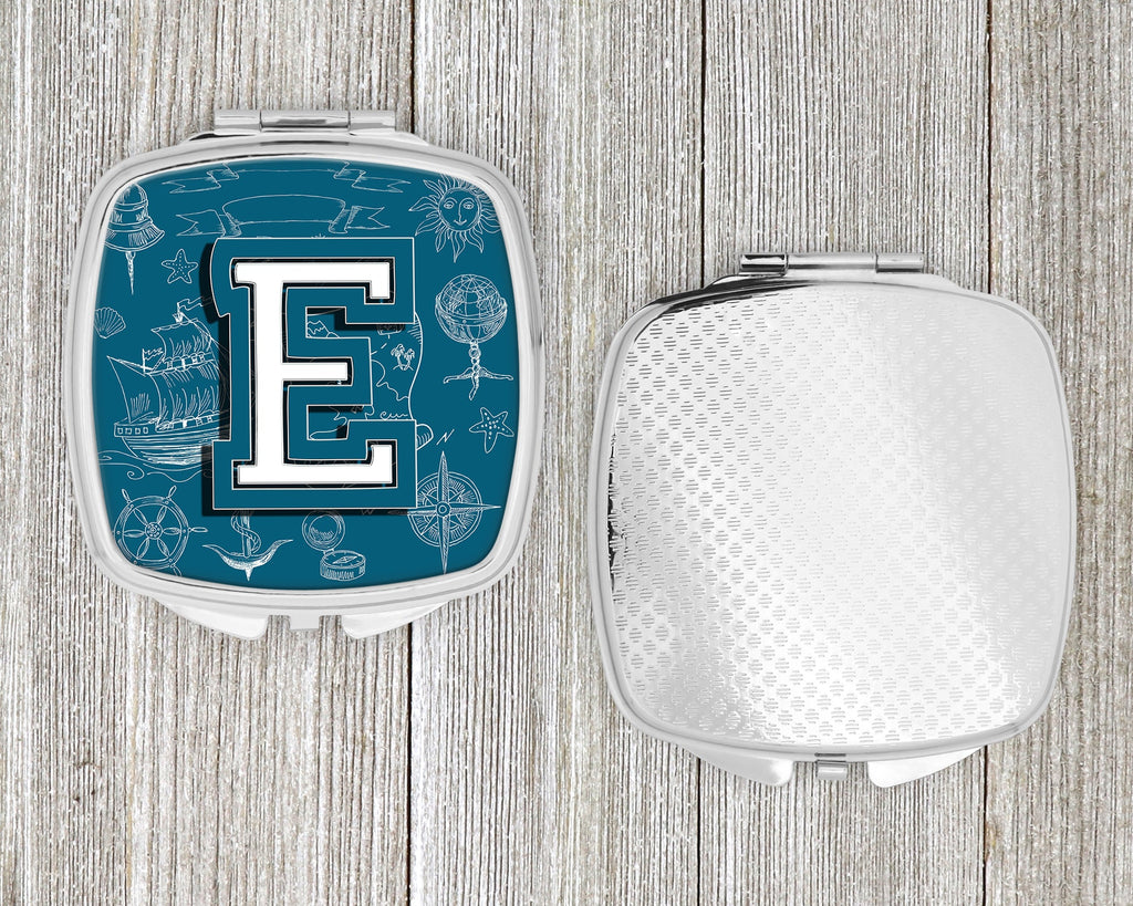 Letter E Sea Doodles Initial Alphabet Compact Mirror Decorative Travel Makeup Mirror for Women Girls Gifts Pocket Makeup Mirror Folding Handheld