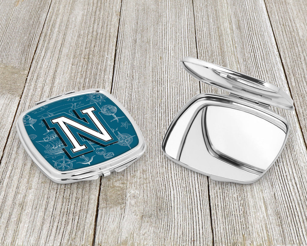 Letter N Sea Doodles Initial Alphabet Compact Mirror Decorative Travel Makeup Mirror for Women Girls Gifts Pocket Makeup Mirror Folding Handheld
