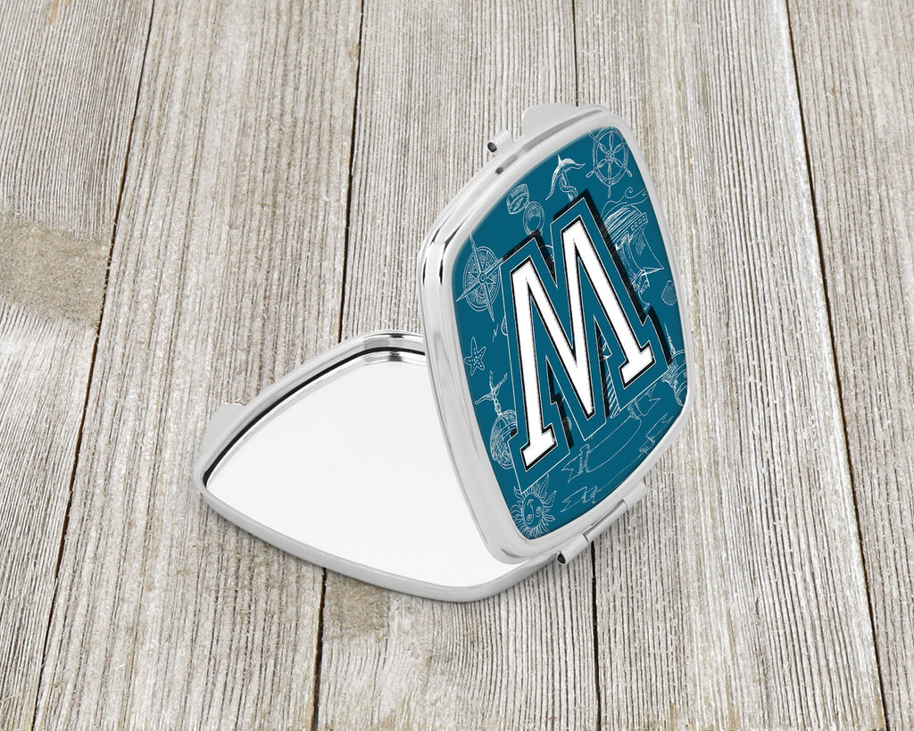 Letter W Sea Doodles Initial Alphabet Compact Mirror Decorative Travel Makeup Mirror for Women Girls Gifts Pocket Makeup Mirror Folding Handheld