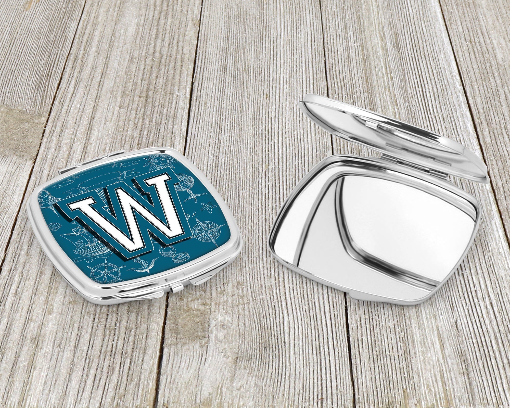 Letter W Sea Doodles Initial Alphabet Compact Mirror Decorative Travel Makeup Mirror for Women Girls Gifts Pocket Makeup Mirror Folding Handheld