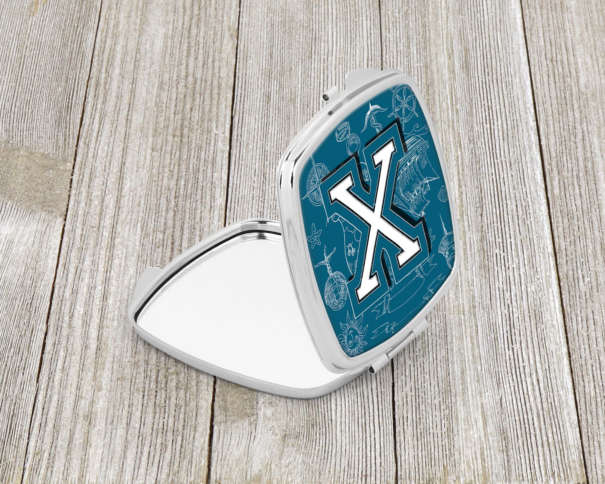 Letter X Sea Doodles Initial Alphabet Compact Mirror Decorative Travel Makeup Mirror for Women Girls Gifts Pocket Makeup Mirror Folding Handheld