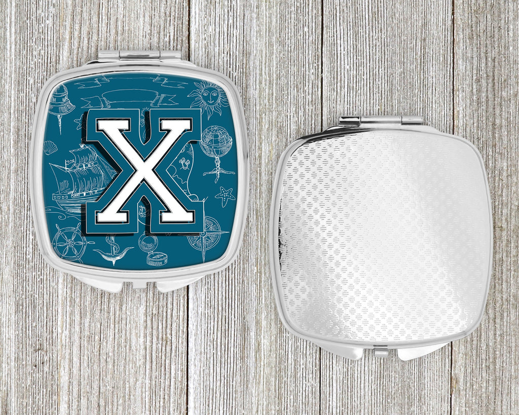 Letter X Sea Doodles Initial Alphabet Compact Mirror Decorative Travel Makeup Mirror for Women Girls Gifts Pocket Makeup Mirror Folding Handheld