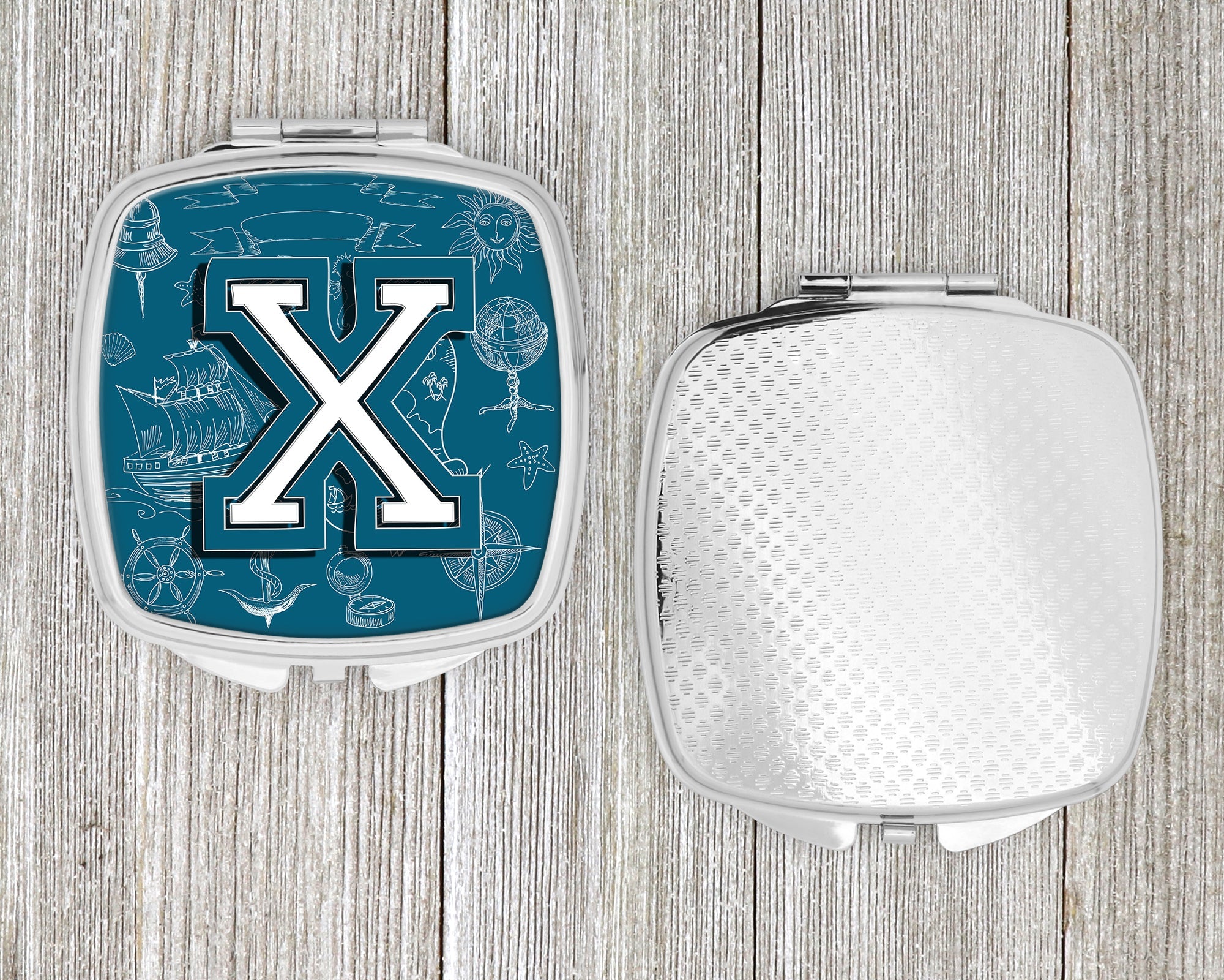 Letter X Sea Doodles Initial Alphabet Compact Mirror Decorative Travel Makeup Mirror for Women Girls Gifts Pocket Makeup Mirror Folding Handheld