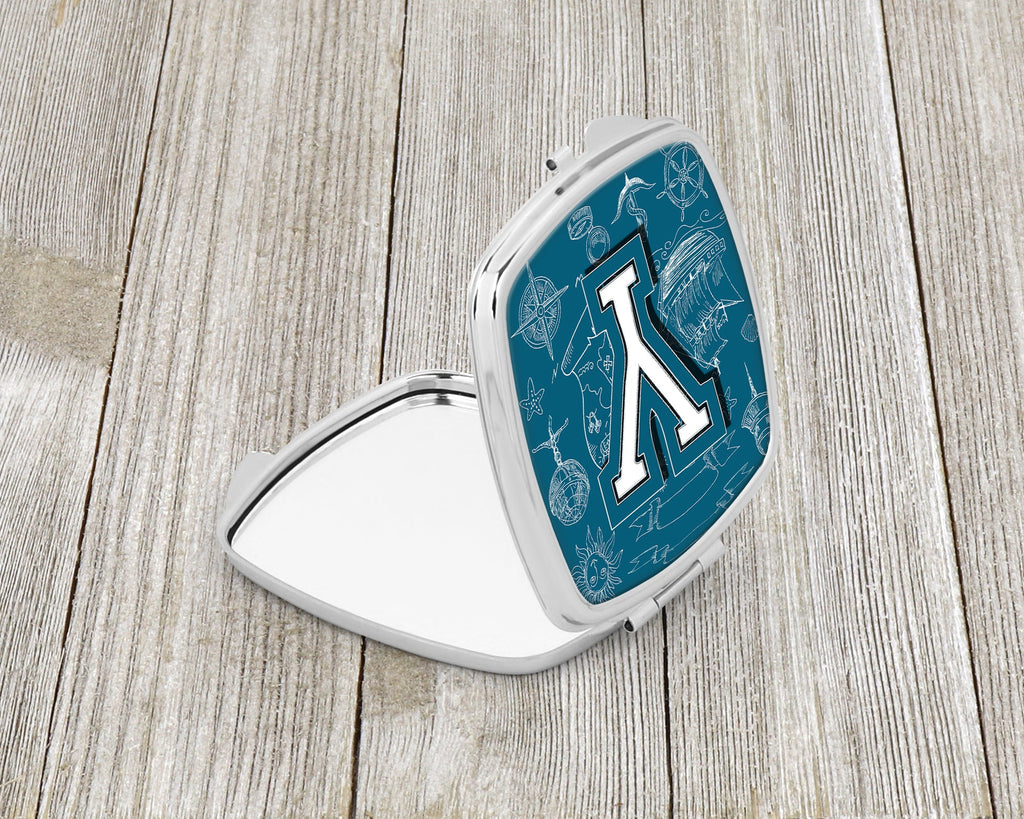 Letter Y Sea Doodles Initial Alphabet Compact Mirror Decorative Travel Makeup Mirror for Women Girls Gifts Pocket Makeup Mirror Folding Handheld