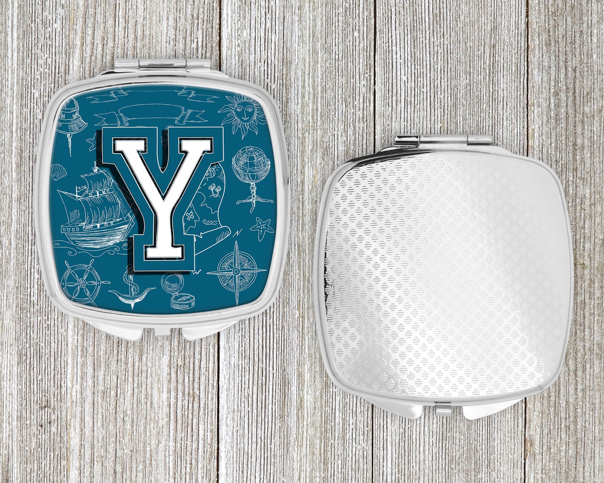 Letter Y Sea Doodles Initial Alphabet Compact Mirror Decorative Travel Makeup Mirror for Women Girls Gifts Pocket Makeup Mirror Folding Handheld