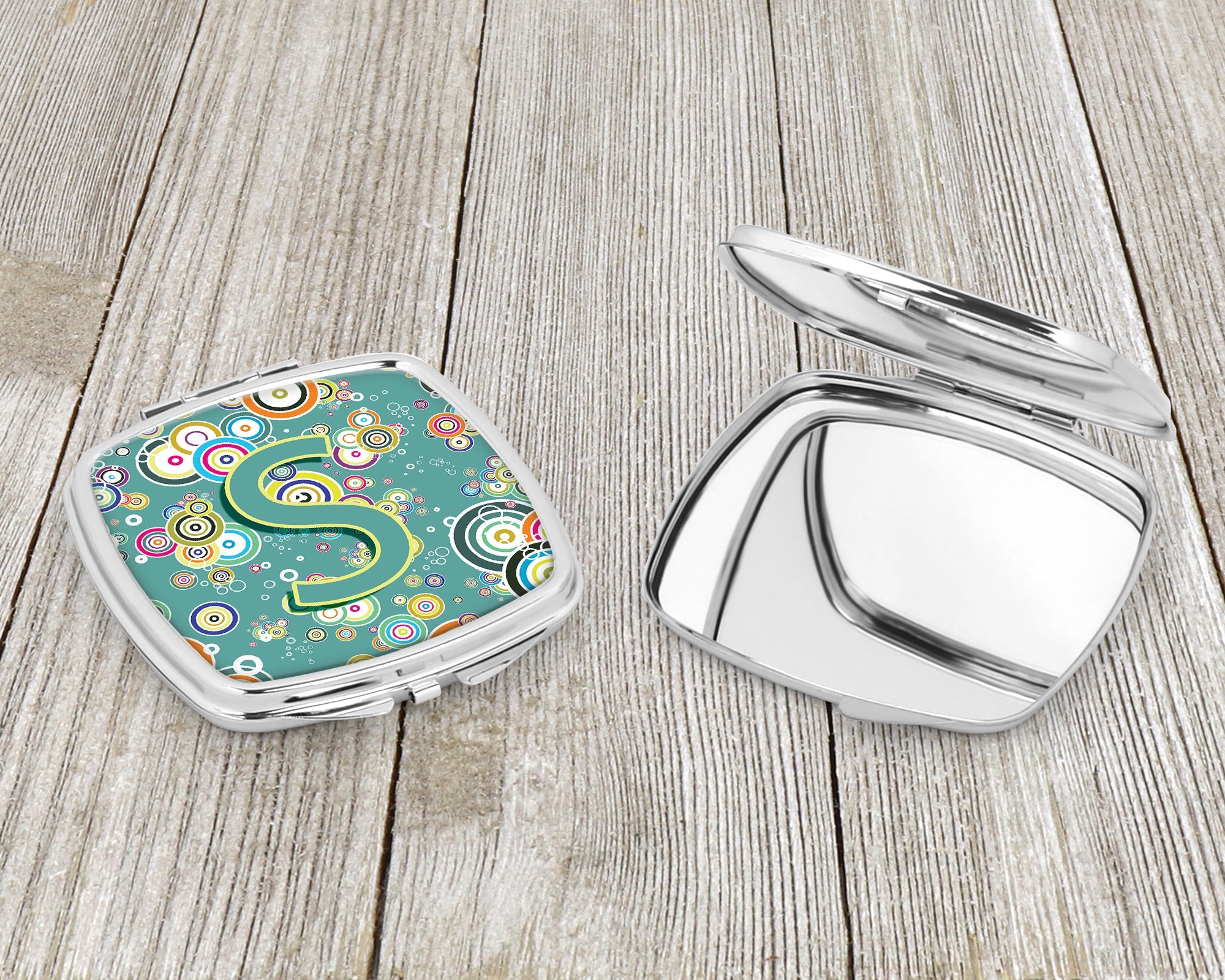 Letter S Circle Circle Teal Initial Alphabet Compact Mirror Decorative Travel Makeup Mirror for Women Girls Gifts Pocket Makeup Mirror Folding Handheld