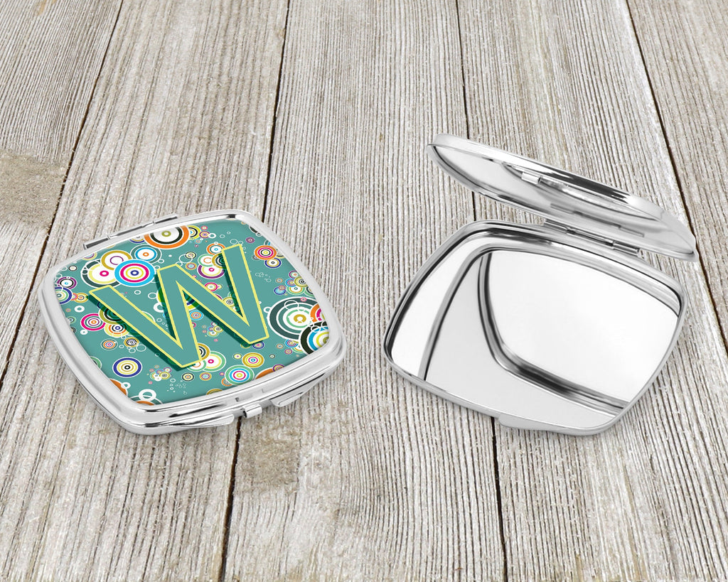 Letter W Circle Circle Teal Initial Alphabet Compact Mirror Decorative Travel Makeup Mirror for Women Girls Gifts Pocket Makeup Mirror Folding Handheld