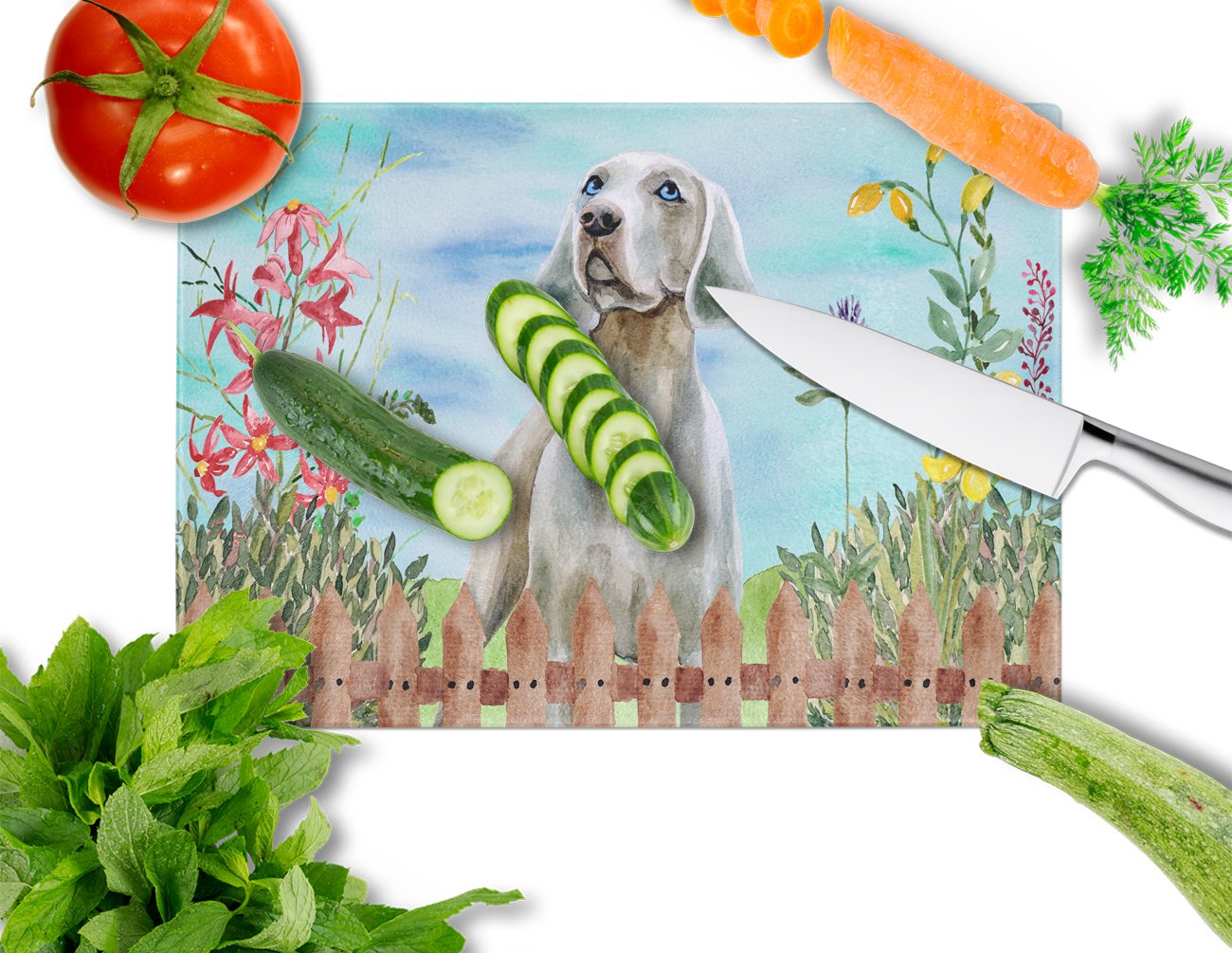 Weimaraner Spring Cutting Board Tempered Glass Kitchen Cutting Surface, Heat Resistant Chopping, Non-Slip Feet, Food Prep & Serving
