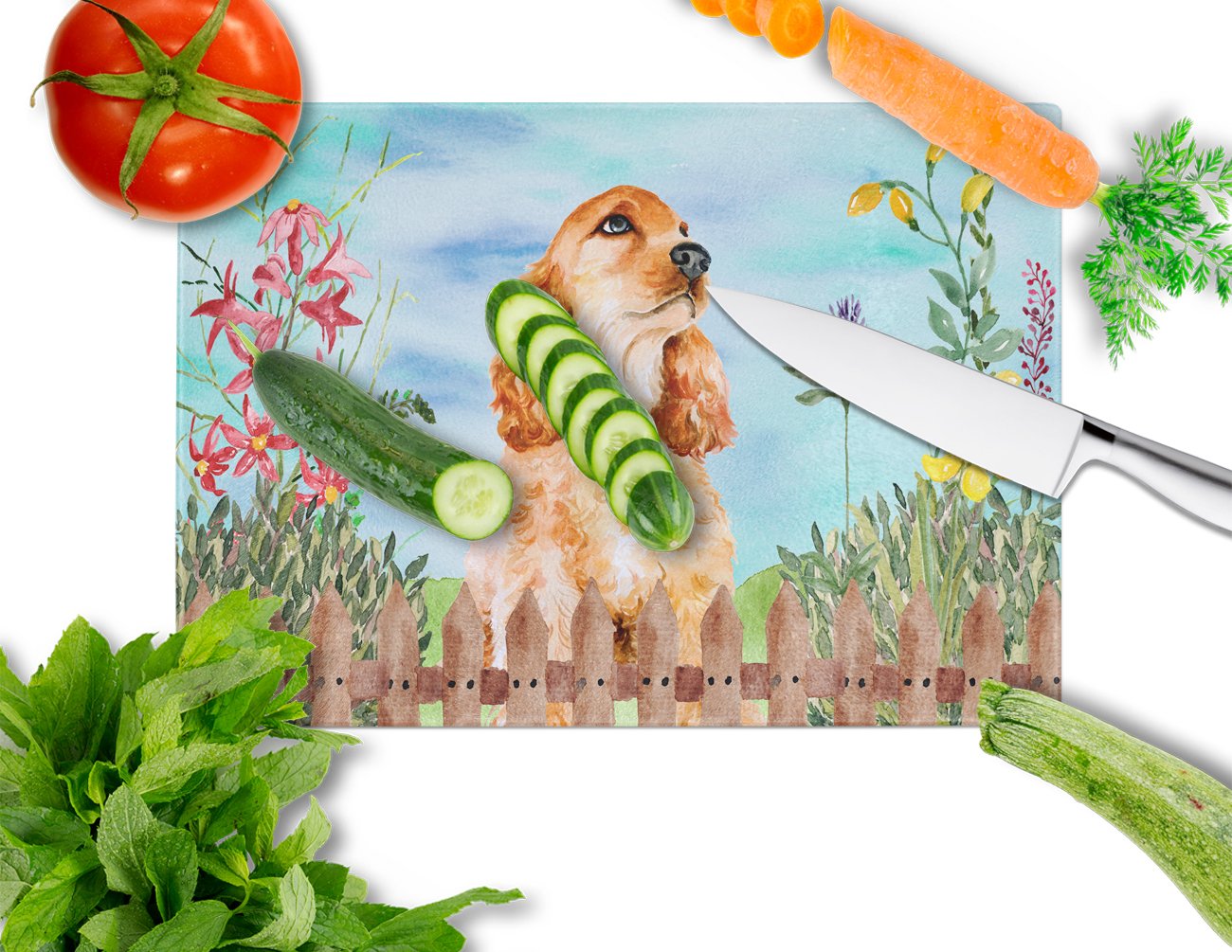 Cocker Spaniel Spring Cutting Board Tempered Glass Kitchen Cutting Surface, Heat Resistant Chopping, Non-Slip Feet, Food Prep & Serving