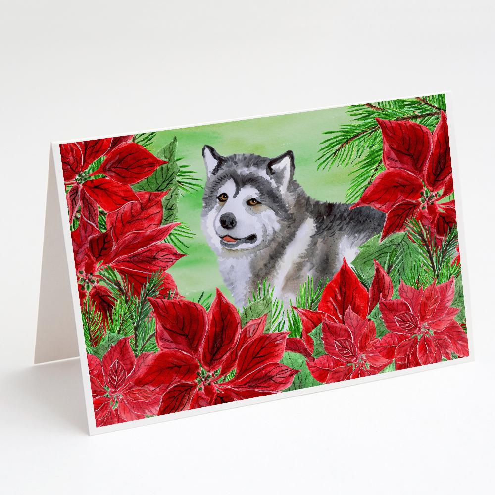 Alaskan Malamute Poinsettas Greeting Cards Pack of 8 Blank Cards with Envelopes Whimsical A7 Size 5x7