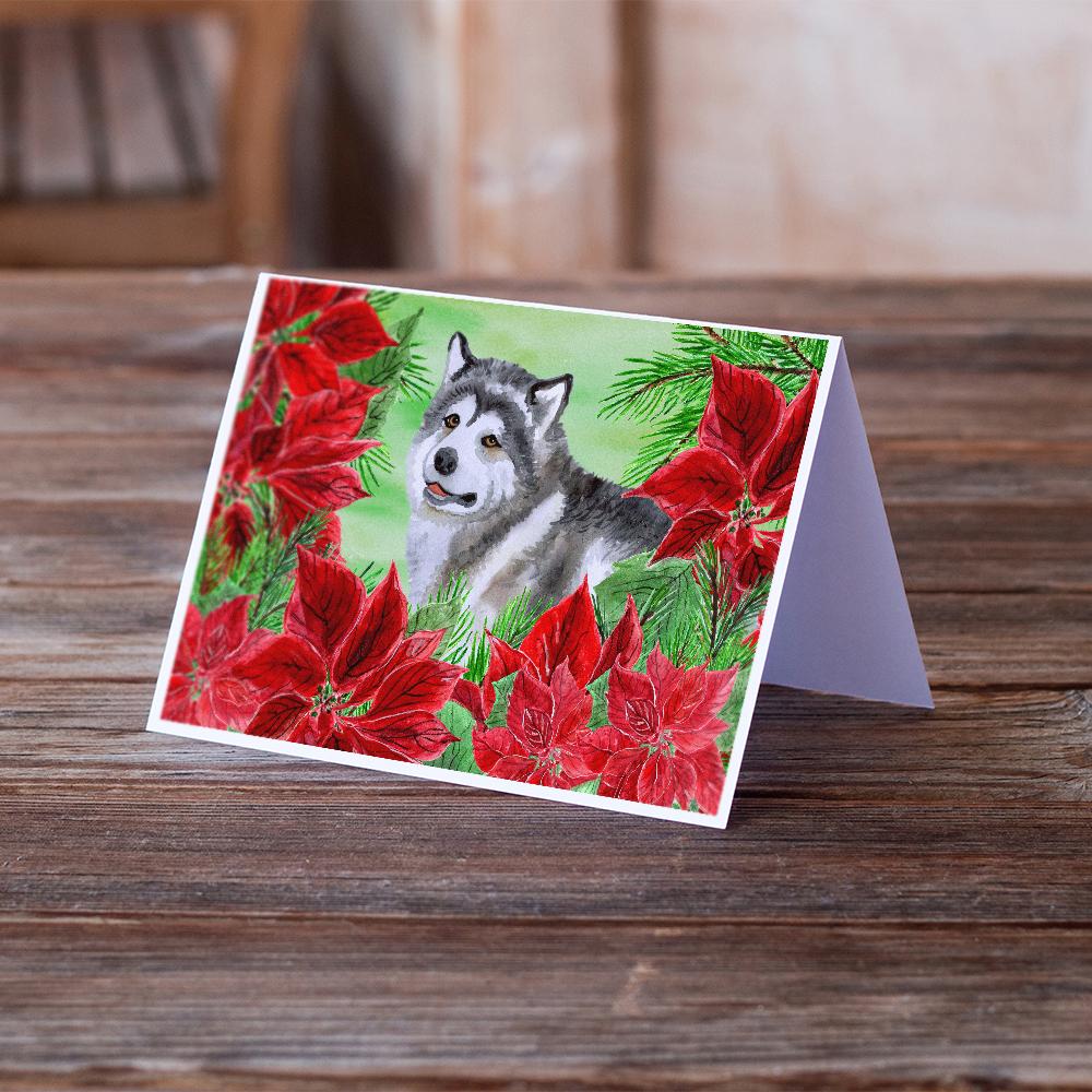Alaskan Malamute Poinsettas Greeting Cards Pack of 8 Blank Cards with Envelopes Whimsical A7 Size 5x7