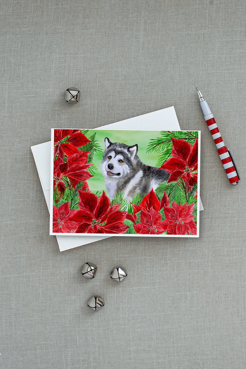 Alaskan Malamute Poinsettas Greeting Cards Pack of 8 Blank Cards with Envelopes Whimsical A7 Size 5x7