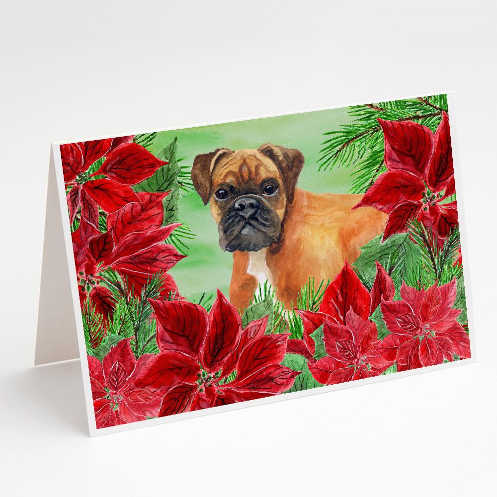 German Boxer Poinsettas Greeting Cards Pack of 8 Blank Cards with Envelopes Whimsical A7 Size 5x7