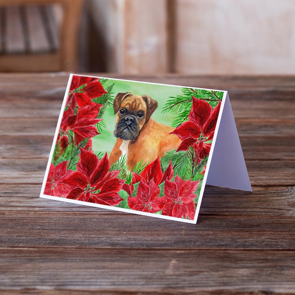 German Boxer Poinsettas Greeting Cards Pack of 8 Blank Cards with Envelopes Whimsical A7 Size 5x7