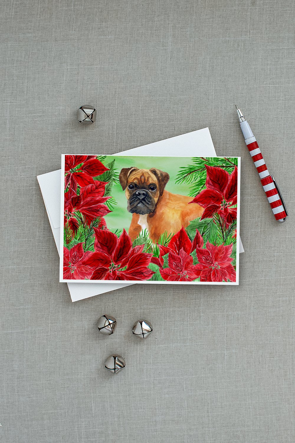 German Boxer Poinsettas Greeting Cards Pack of 8 Blank Cards with Envelopes Whimsical A7 Size 5x7