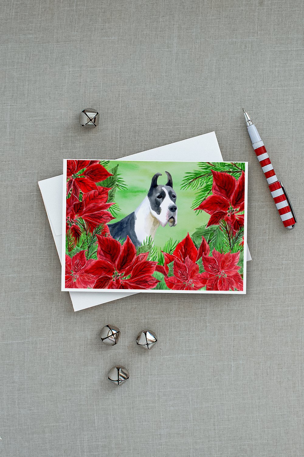 Harlequin Great Dane Poinsettas Greeting Cards Pack of 8 Blank Cards with Envelopes Whimsical A7 Size 5x7