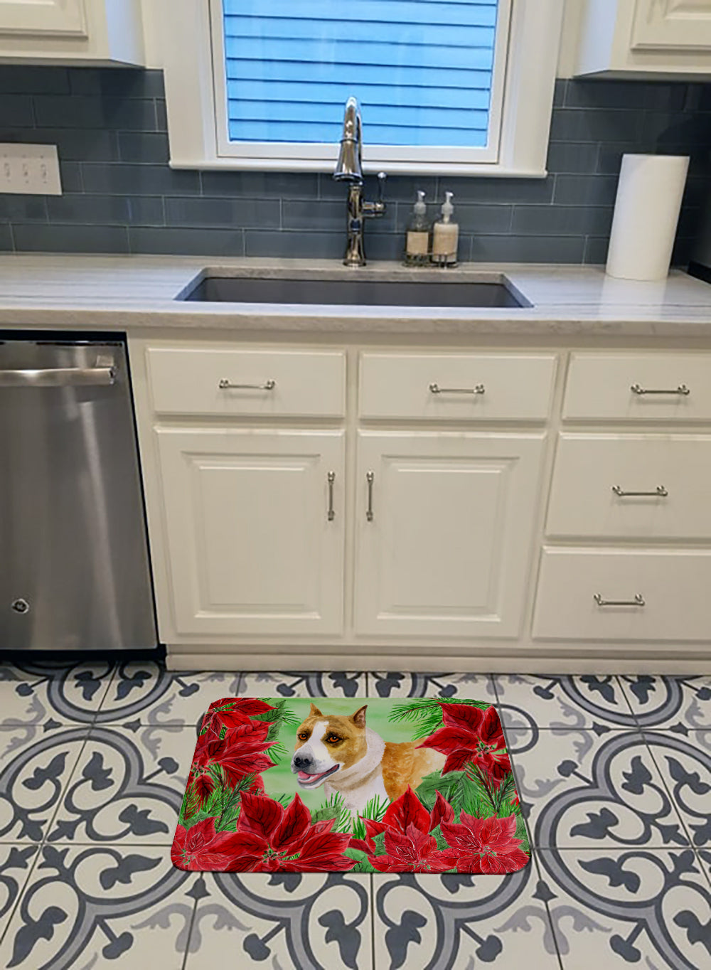 American Staffordshire Poinsettas Memory Foam Kitchen Mat Machine Washable Anti-Fatigue Cushion Comfort Bath or Kitchen Rug
