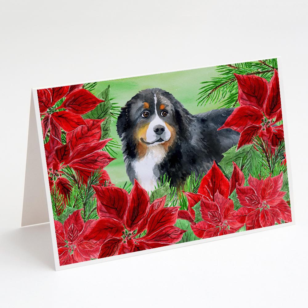 Bernese Mountain Dog Poinsettas Greeting Cards Pack of 8 Blank Cards with Envelopes Whimsical A7 Size 5x7