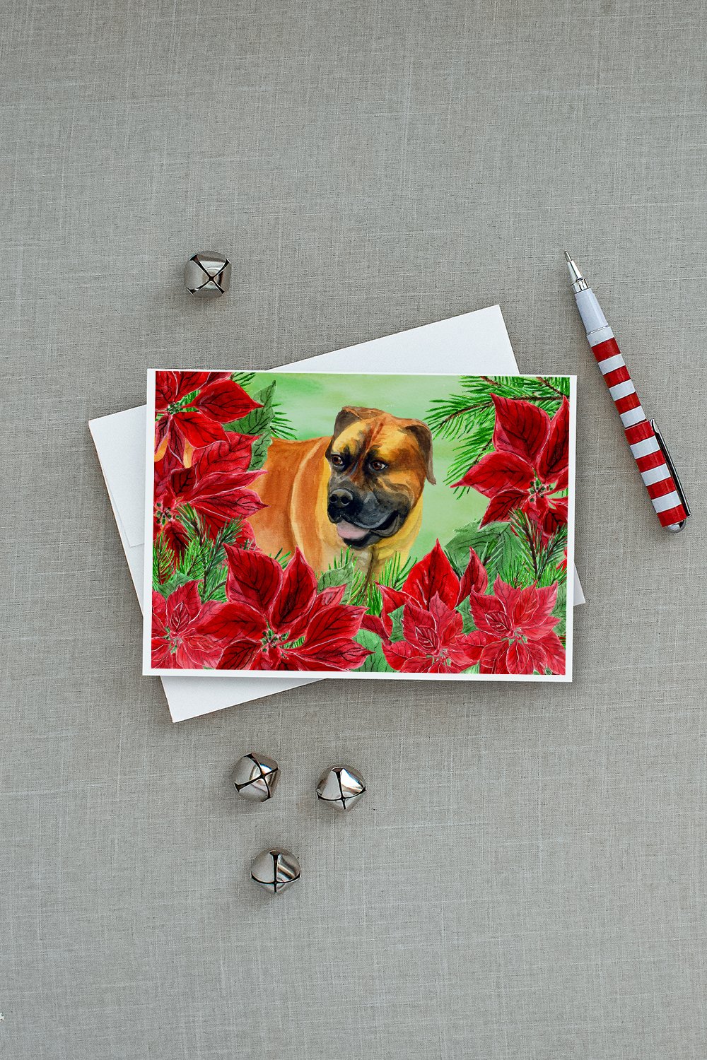 Boerboel Mastiff Poinsettas Greeting Cards Pack of 8 Blank Cards with Envelopes Whimsical A7 Size 5x7