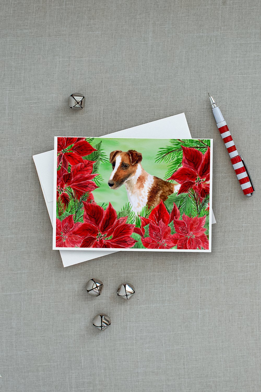 Smooth Fox Terrier Poinsettas Greeting Cards Pack of 8 Blank Cards with Envelopes Whimsical A7 Size 5x7