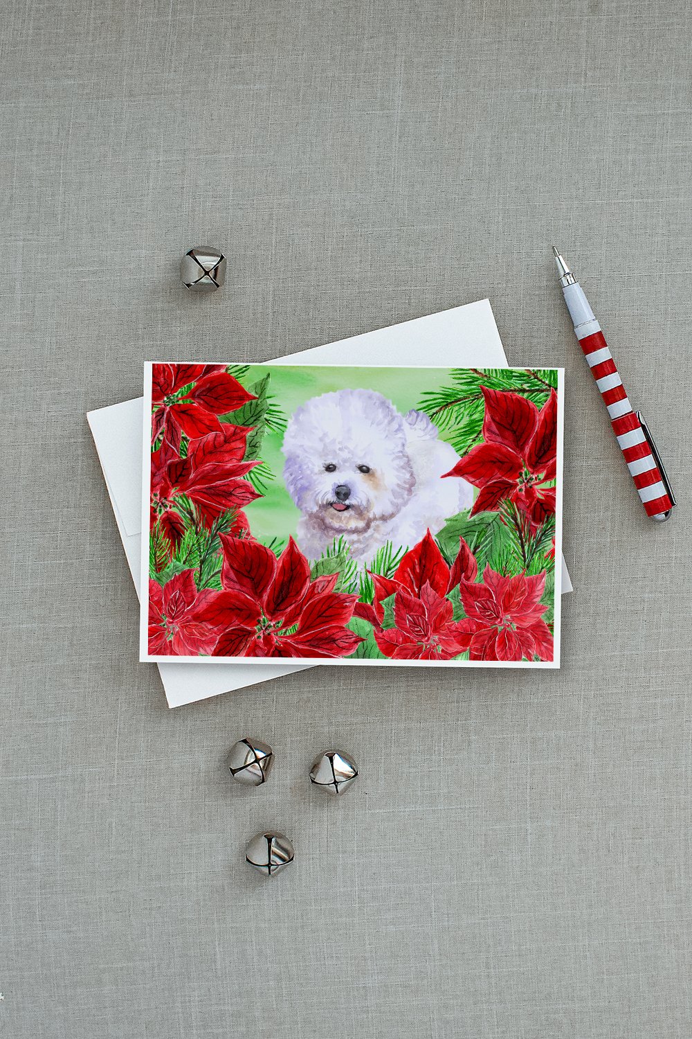 Bichon Frise Poinsettas Greeting Cards Pack of 8 Blank Cards with Envelopes Whimsical A7 Size 5x7