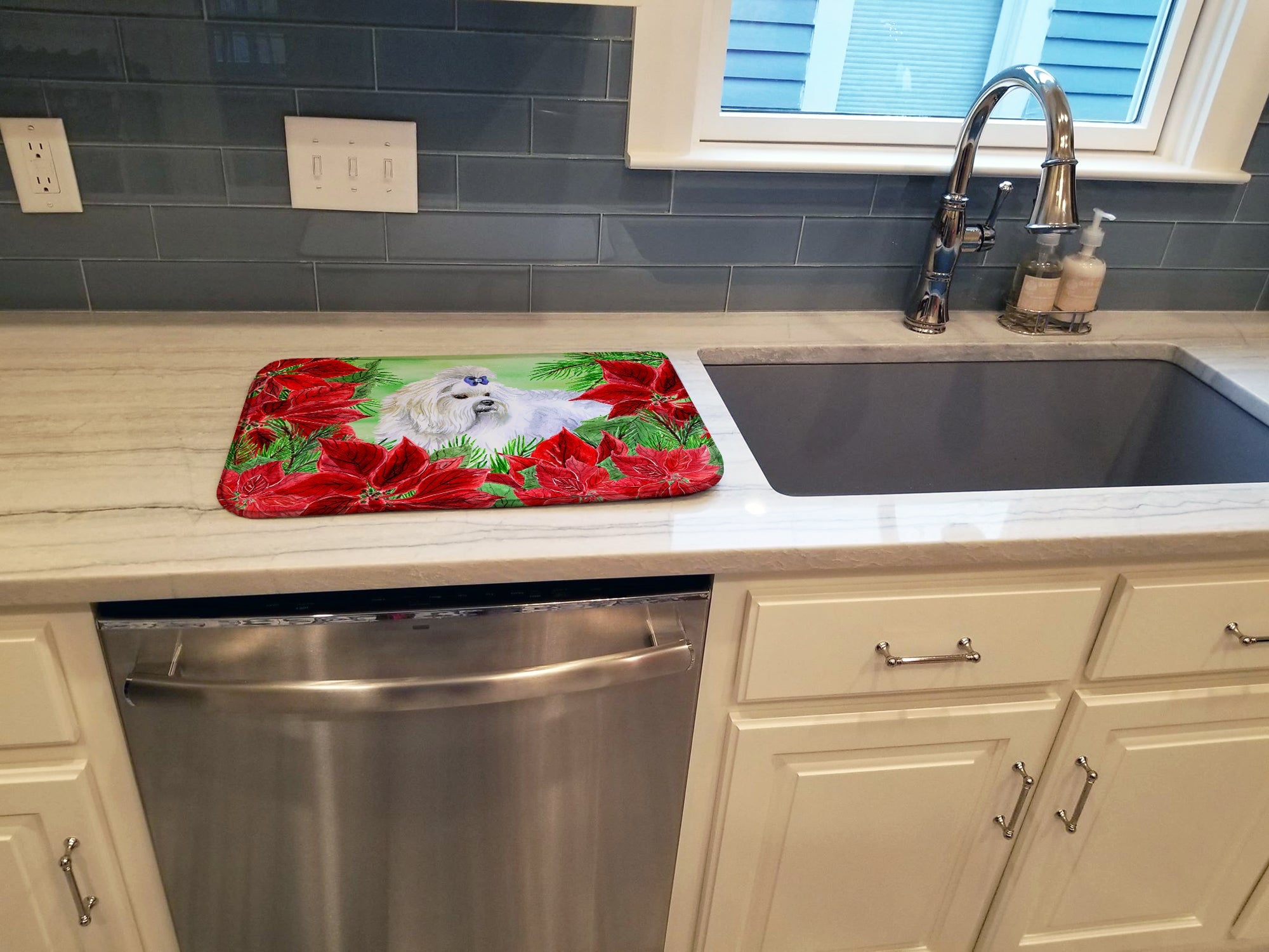 Maltese Poinsettas Dish Drying Mat Absorbent Dish Drying Mat Pad for Kitchen Counter Dish Drainer Mat for Countertop, 14 x 21", Multicolor