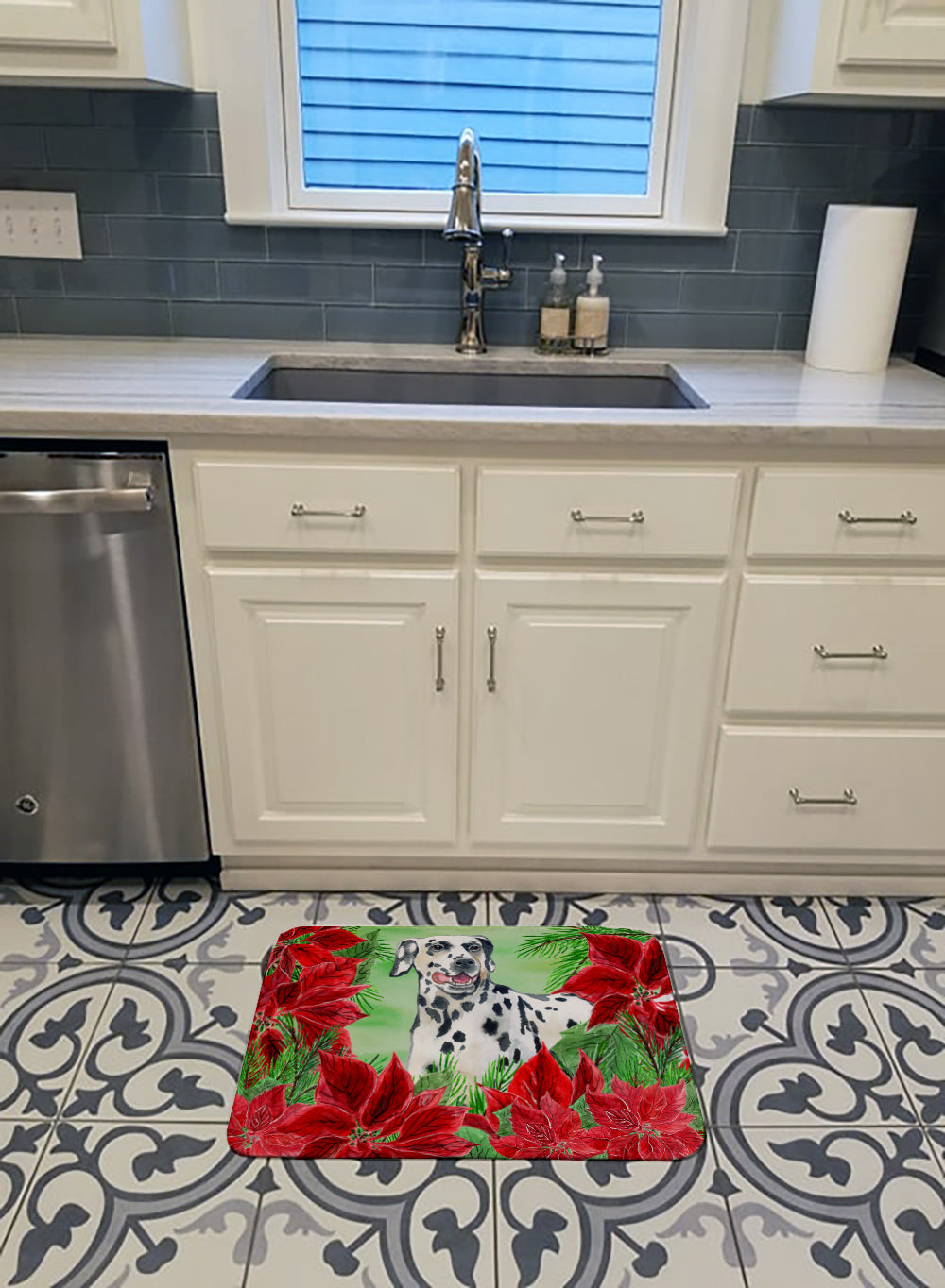 Dalmatian Poinsettas Memory Foam Kitchen Mat Machine Washable Anti-Fatigue Cushion Comfort Bath or Kitchen Rug