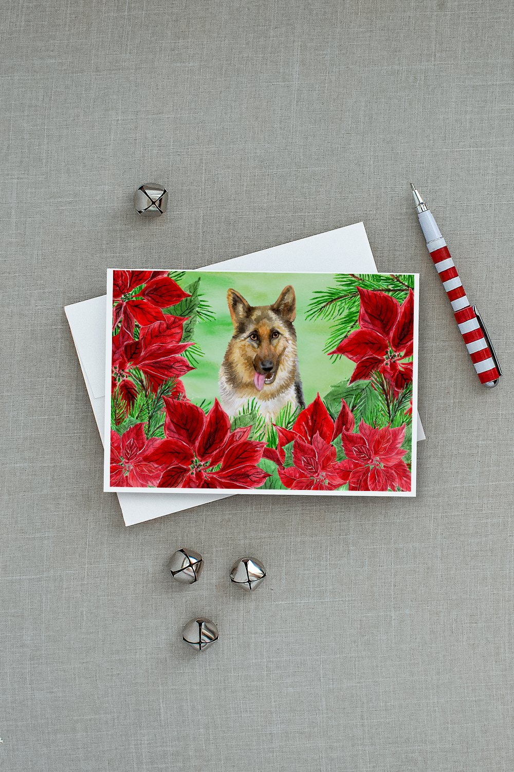 German Shepherd Poinsettas Greeting Cards Pack of 8 Blank Cards with Envelopes Whimsical A7 Size 5x7