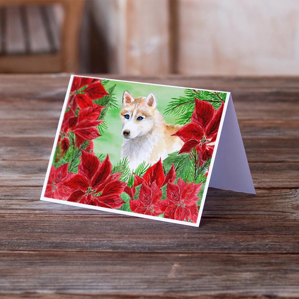 Siberian Husky Poinsettas Greeting Cards Pack of 8 Blank Cards with Envelopes Whimsical A7 Size 5x7