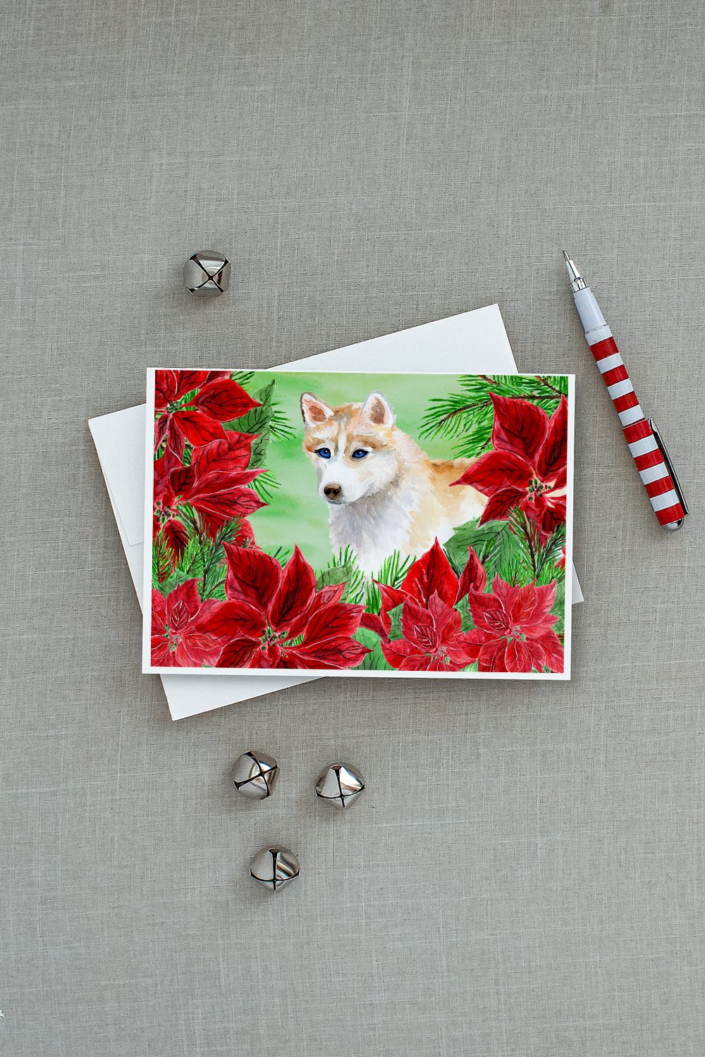 Siberian Husky Poinsettas Greeting Cards Pack of 8 Blank Cards with Envelopes Whimsical A7 Size 5x7