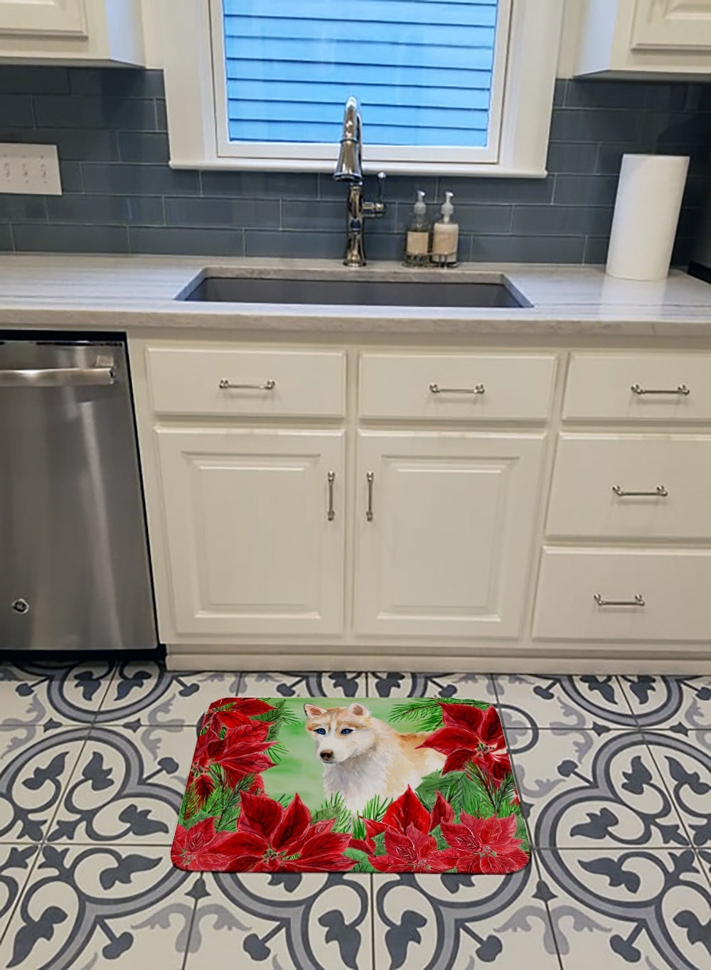 Siberian Husky Poinsettas Memory Foam Kitchen Mat Machine Washable Anti-Fatigue Cushion Comfort Bath or Kitchen Rug