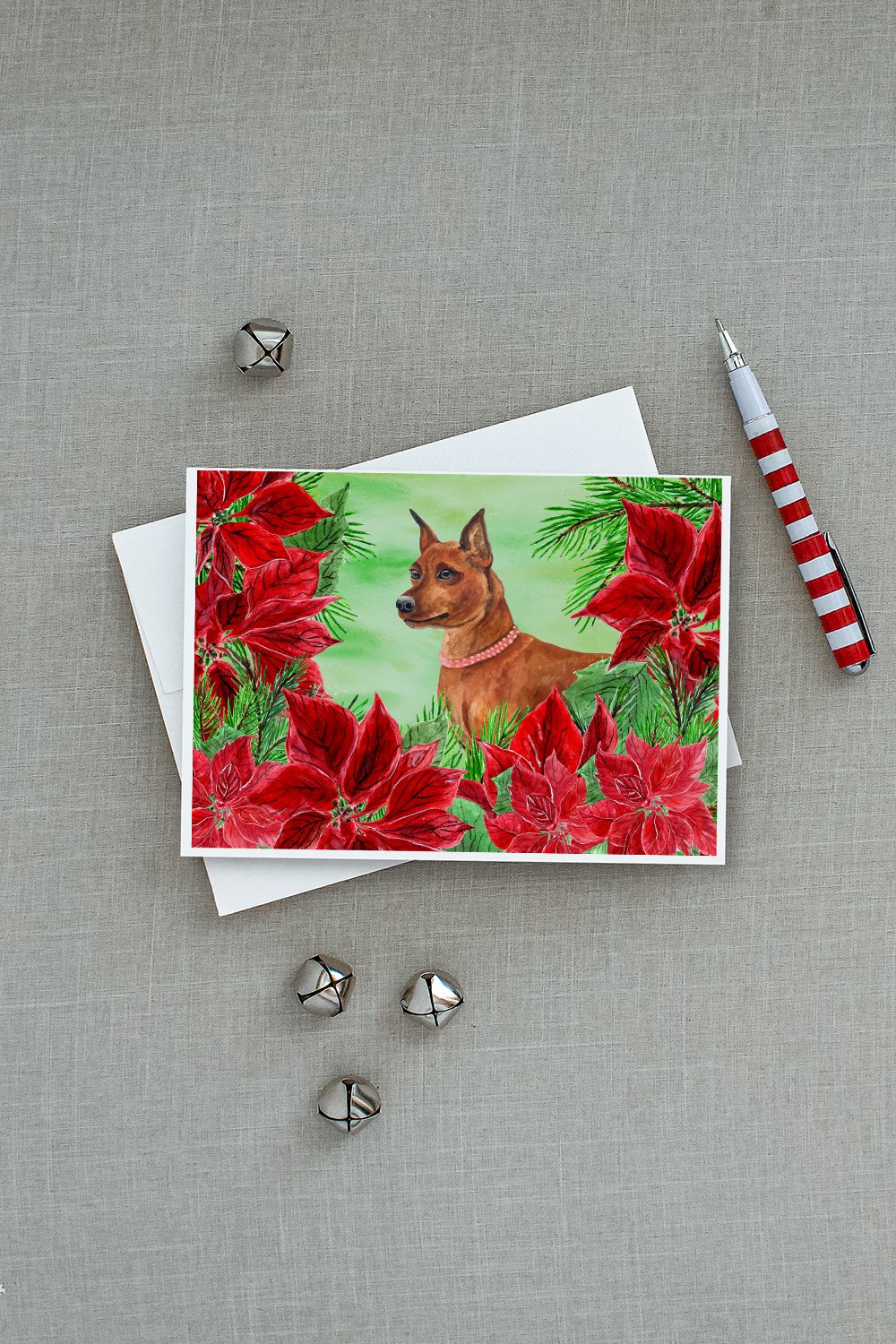 Miniature Pinscher Poinsettas Greeting Cards Pack of 8 Blank Cards with Envelopes Whimsical A7 Size 5x7