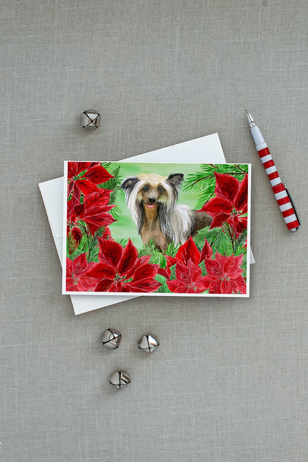 Chinese Crested Poinsettas Greeting Cards Pack of 8 Blank Cards with Envelopes Whimsical A7 Size 5x7