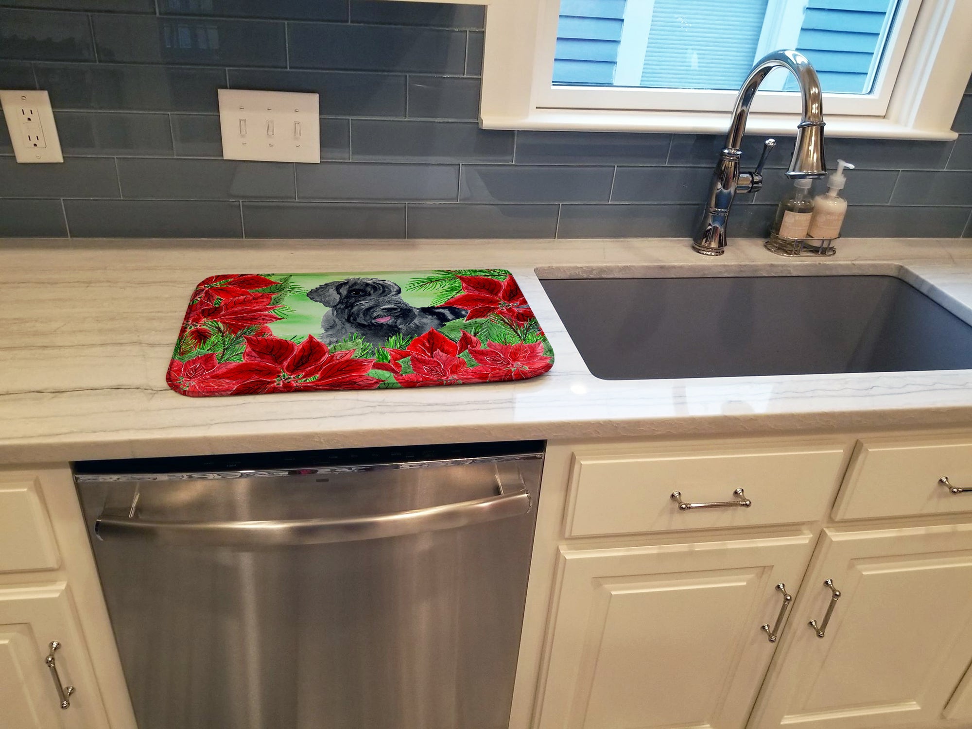 Giant Schnauzer Poinsettas Dish Drying Mat Absorbent Dish Drying Mat Pad for Kitchen Counter Dish Drainer Mat for Countertop, 14 x 21", Multicolor