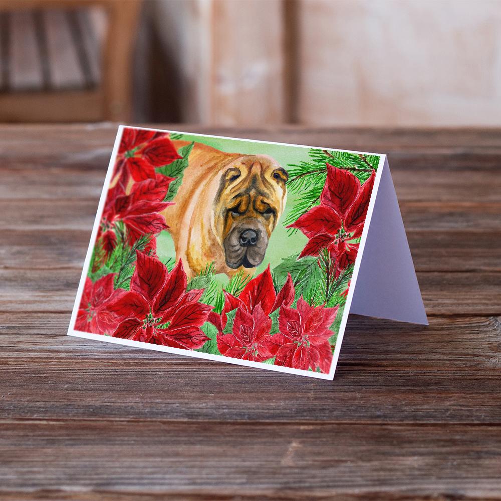 Shar Pei Poinsettas Greeting Cards Pack of 8 Blank Cards with Envelopes Whimsical A7 Size 5x7