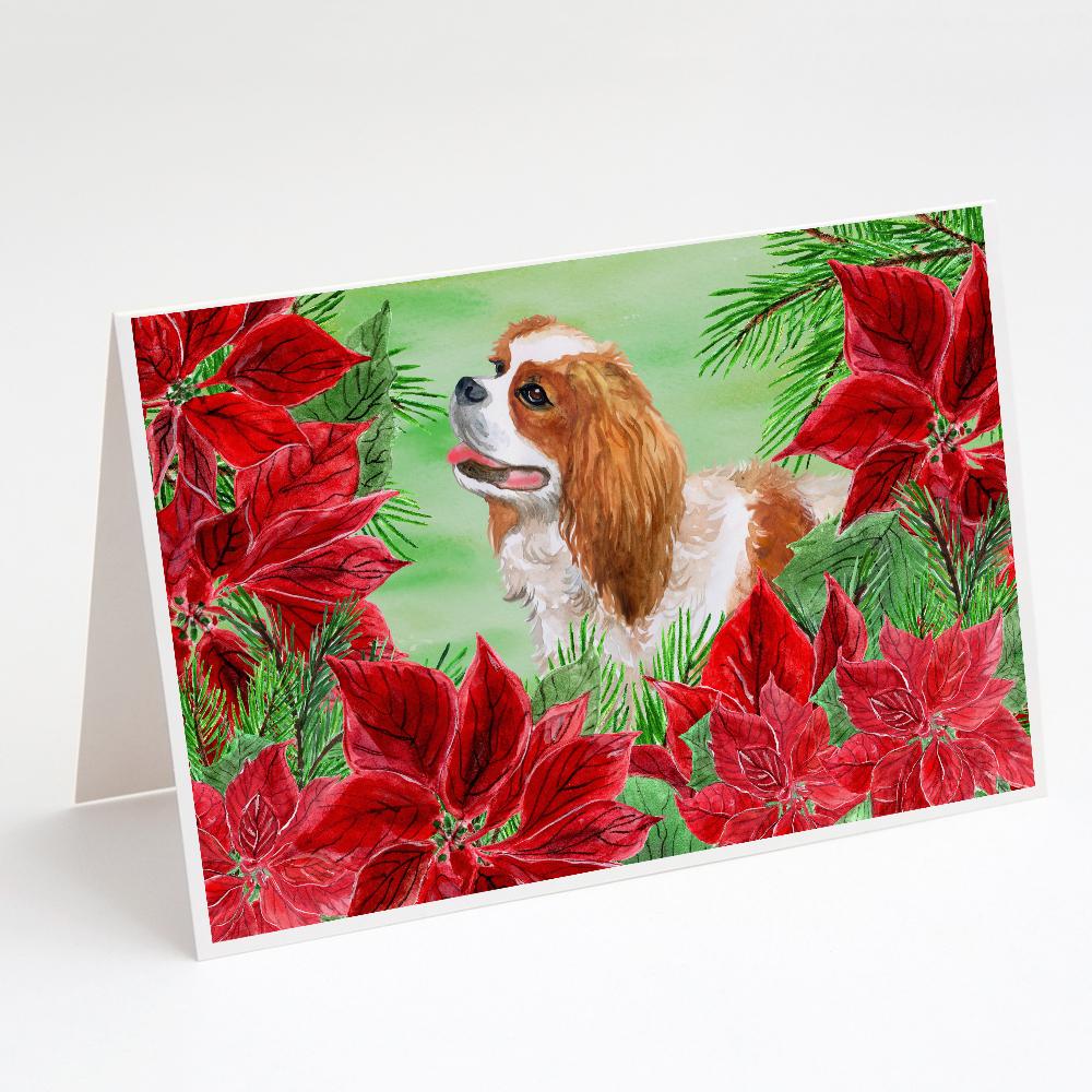 Cavalier Spaniel Poinsettas Greeting Cards Pack of 8 Blank Cards with Envelopes Whimsical A7 Size 5x7