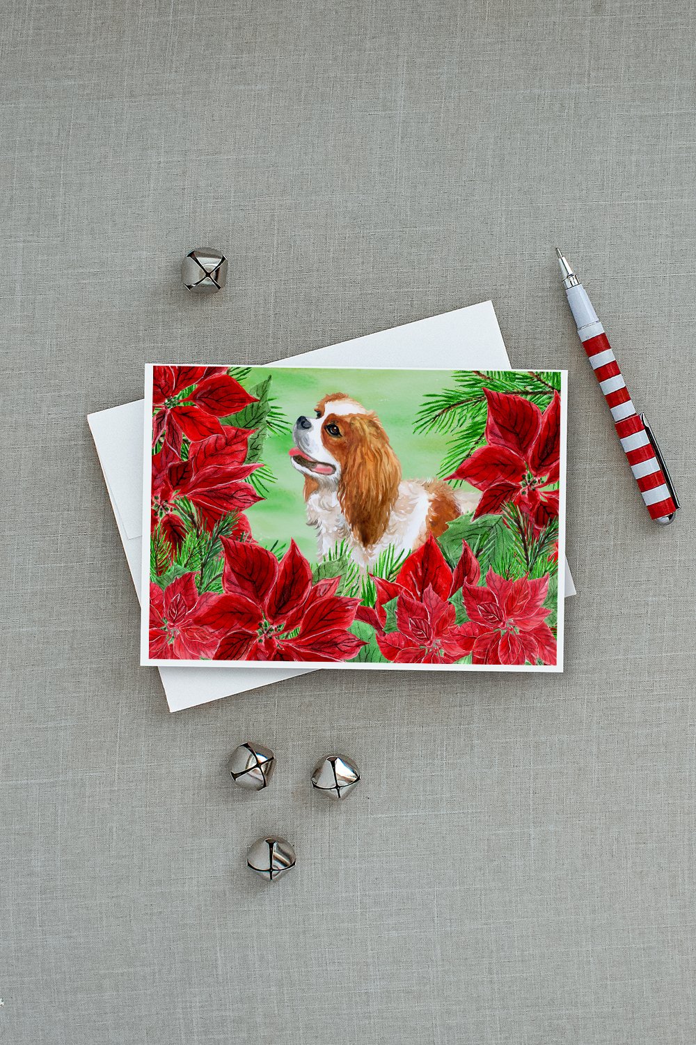 Cavalier Spaniel Poinsettas Greeting Cards Pack of 8 Blank Cards with Envelopes Whimsical A7 Size 5x7